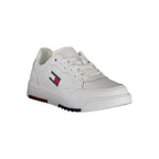 White Tommy Hilfiger men's polyurethane sneaker with sleek design and rubber sole, showcasing a stylish casual footwear option.