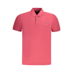 Napapijri Rosso cotton men's polo shirt in blue with a classic collar and short sleeves, displayed on a hanger.
