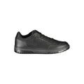 Black leather men's sneaker by Tommy Hilfiger with white rubber sole and branded logo on the side.