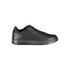 Black leather men's sneaker by Tommy Hilfiger with white rubber sole and branded logo on the side.