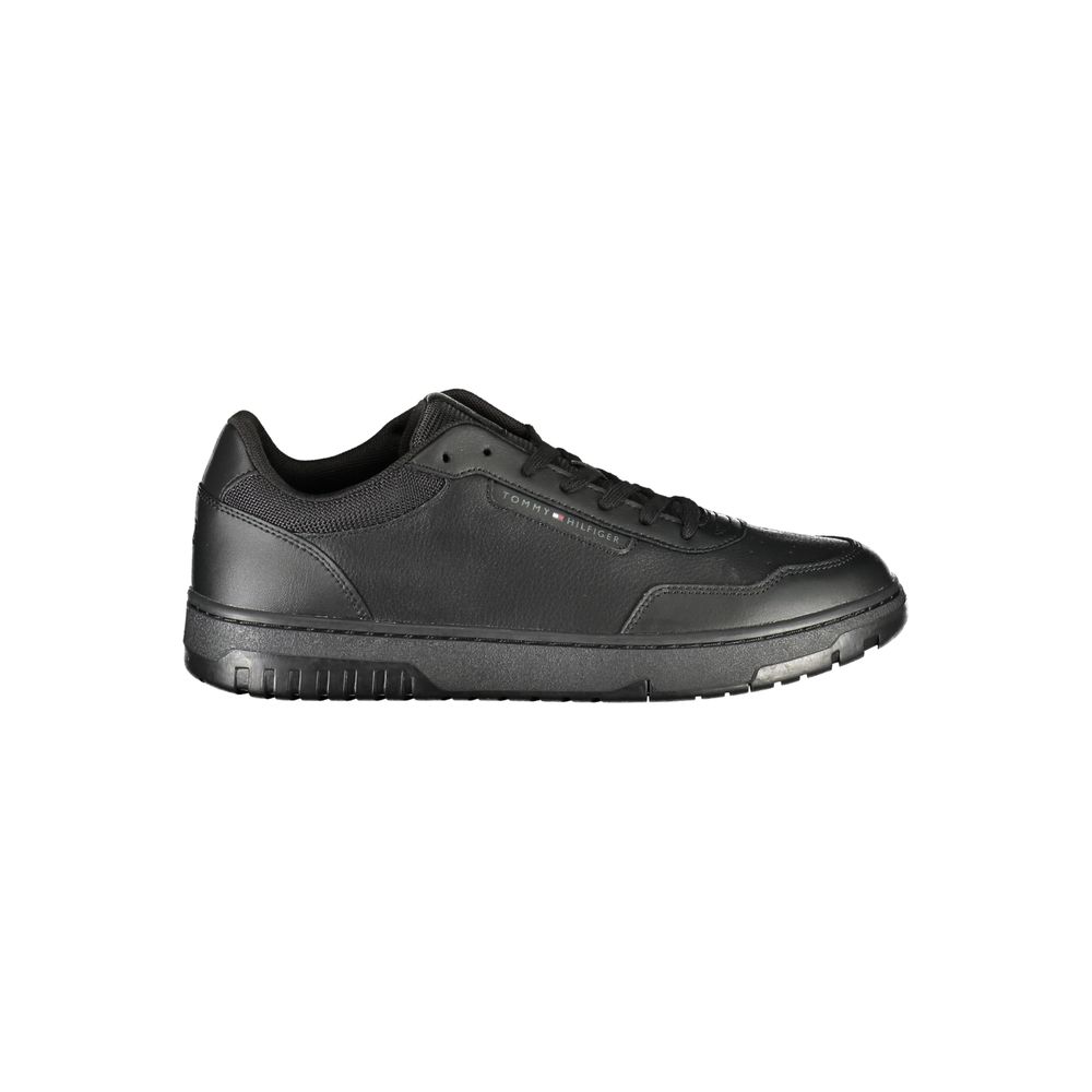 Black leather men's sneaker by Tommy Hilfiger with white rubber sole and branded logo on the side.