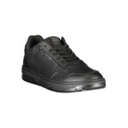 Black leather men's sneaker by Tommy Hilfiger featuring a sleek design and classic branding, shown from a side view.