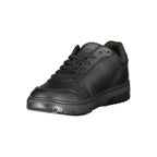 Black leather men's sneaker by Tommy Hilfiger featuring a sleek design and classic branding details.