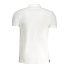 Cavalli Class Bianco Cotton Men's Polo Shirt showing a white short-sleeve polo with a collar and button placket laid flat.