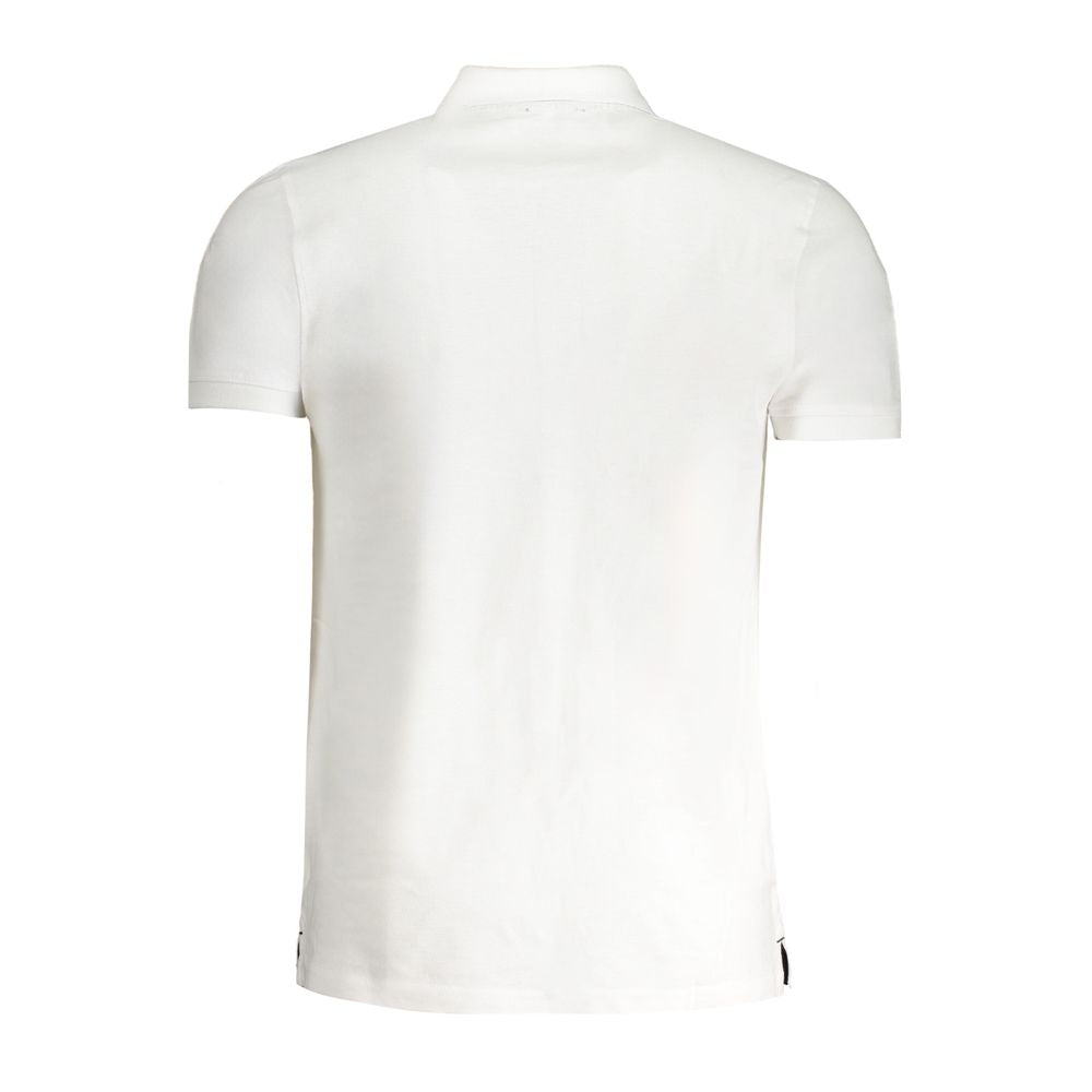 Cavalli Class Bianco Cotton Men's Polo Shirt showing a white short-sleeve polo with a collar and button placket laid flat.