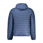 North Sails Blu Poliammide men's jacket hanging on a hanger, showcasing its lightweight, waterproof design and stylish navy blue color.