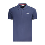 Fila blue cotton men's polo shirt displayed on a hanger, featuring a classic collar and short sleeves.