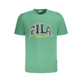Green Fila cotton men's T-shirt displayed on a hanger, showcasing casual style and comfortable fabric.