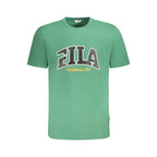 Green Fila cotton men's T-shirt displayed on a hanger, showcasing casual style and comfortable fabric.
