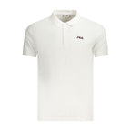 White cotton men's polo shirt by Fila, featuring a classic collar and button placket on a plain background.