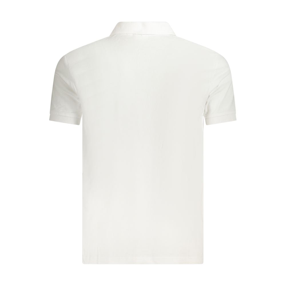 White cotton men's polo shirt by Fila, featuring a classic collar and short sleeves, laid flat on a neutral background.