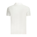 White cotton men's polo shirt by Fila, featuring a classic collar and short sleeves, laid flat on a neutral background.