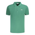 Men's green Fila cotton polo shirt with a classic collar and short sleeves, styled on a plain background.