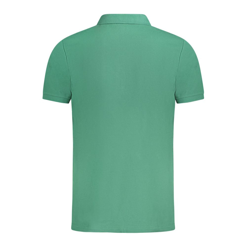 Green cotton men's polo shirt by Fila, featuring a classic collar and short sleeves, displayed on a hanger.