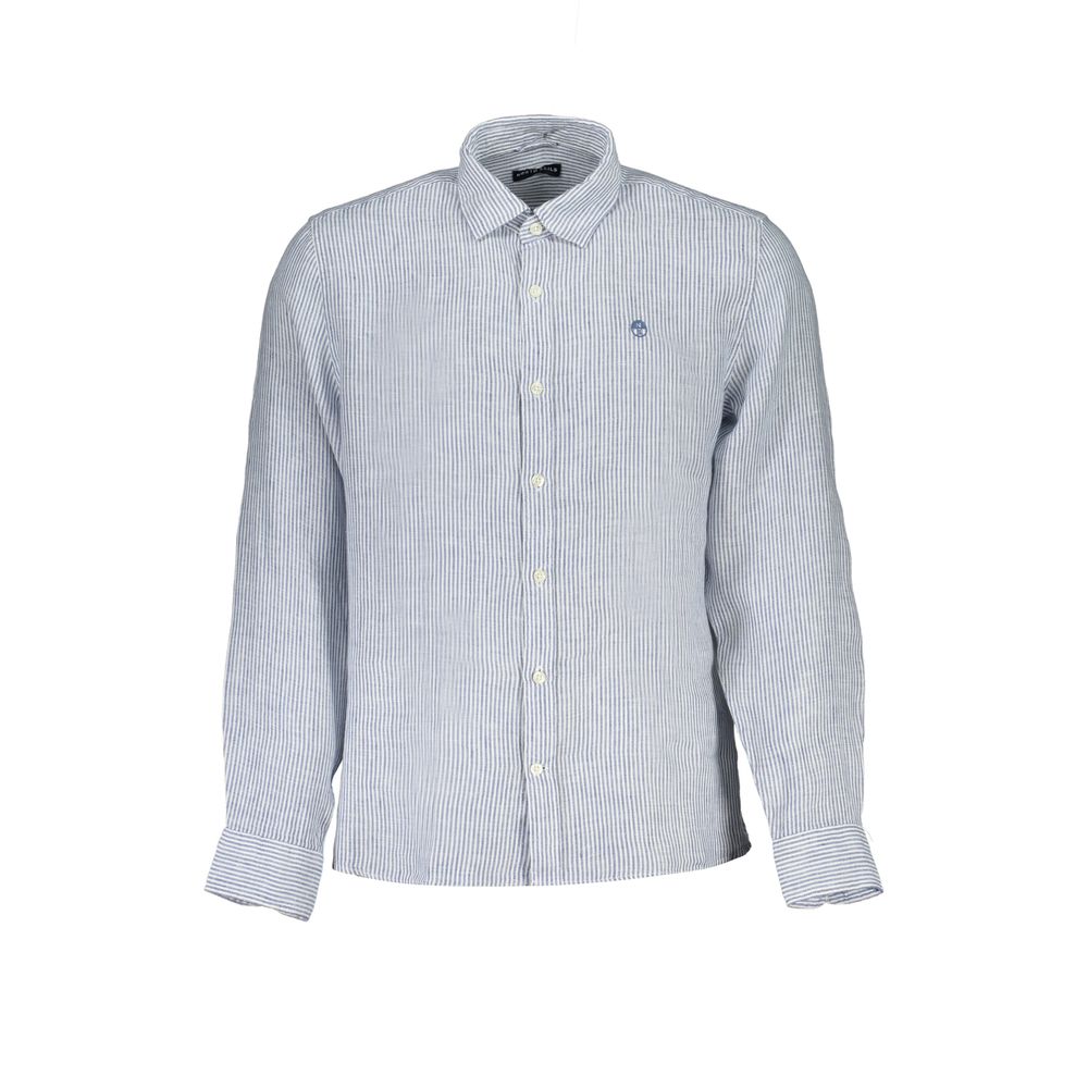 North Sails blue linen men's shirt displayed flat, showcasing its lightweight fabric and classic collar style.