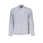North Sails blue linen men's shirt displayed flat, showcasing its lightweight fabric and classic collar style.