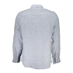 North Sails blue linen men's shirt displayed flat showing collar, buttons, and textured fabric for a casual, stylish look.