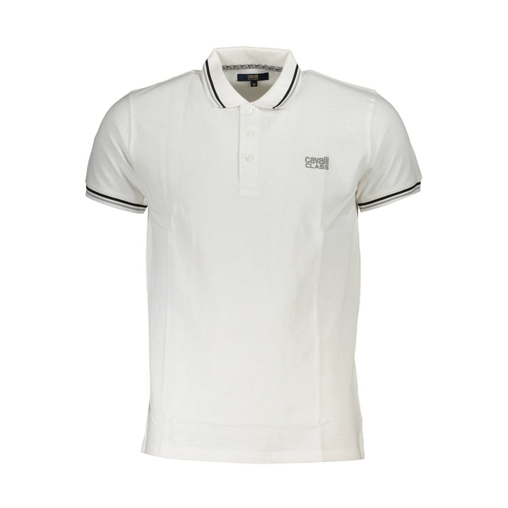 White cotton men's polo shirt by Cavalli Class, showing a classic fit with a polo collar and short sleeves.