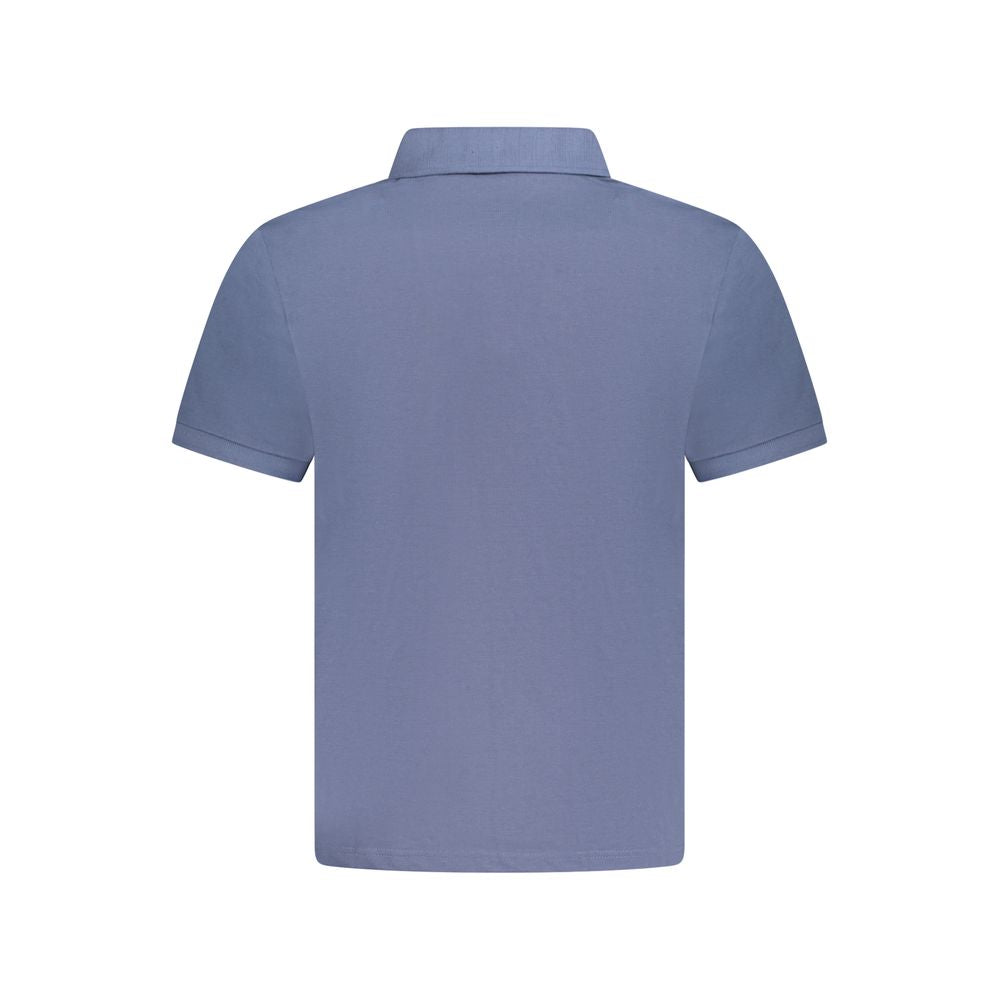 North Sails blue cotton men's polo shirt displayed on a hanger, showcasing a classic collar and short sleeves.