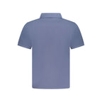 North Sails blue cotton men's polo shirt displayed on a hanger, showcasing a classic collar and short sleeves.