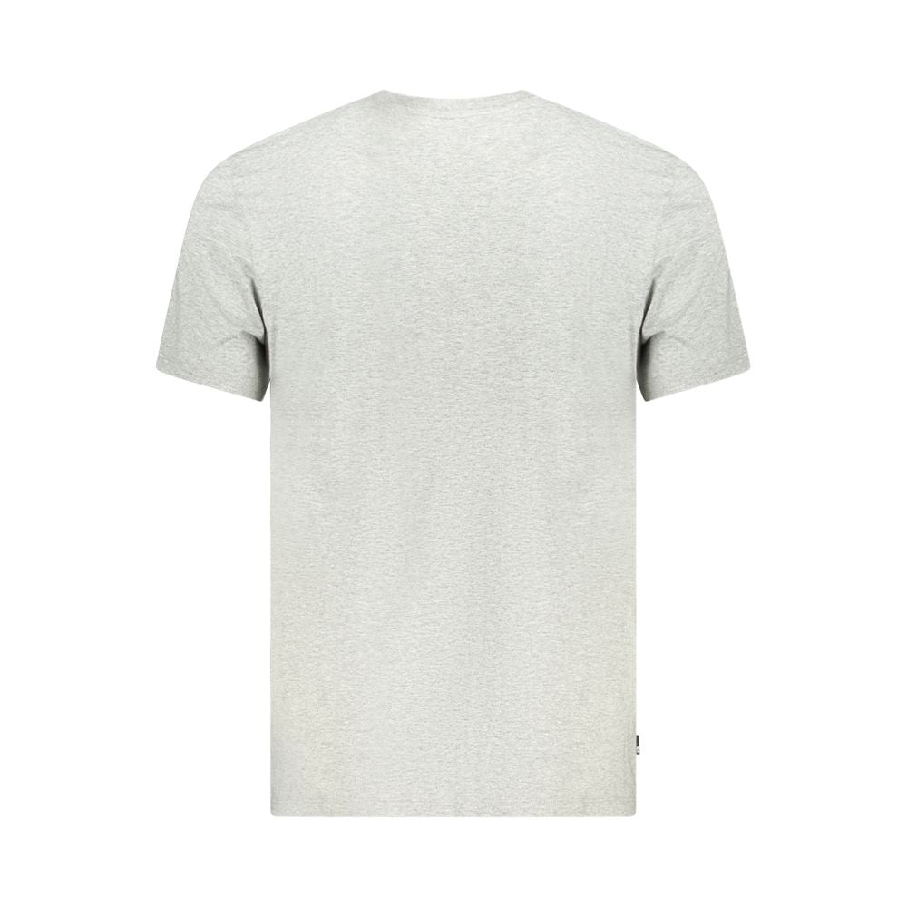 Timberland men's gray cotton T-shirt displayed flat, showing a classic crew neck and short sleeves for casual wear.