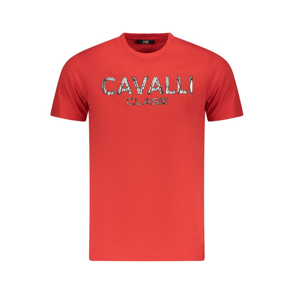 Cavalli Class Rosso cotton men's T-shirt with logo detail, casual fit, and short sleeves, in vibrant red color.