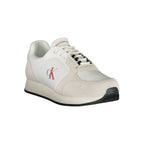 Calvin Klein white polyurethane men's sneaker with sleek design and white laces on a plain background.