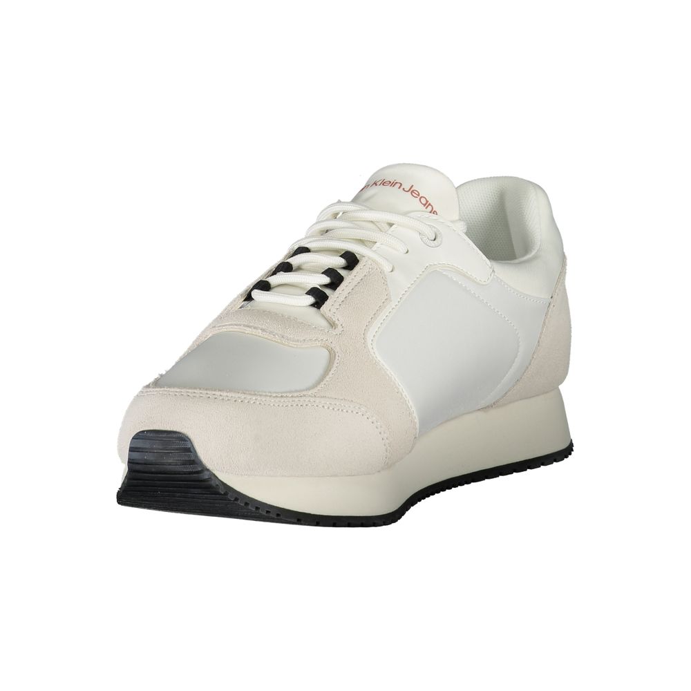 White Calvin Klein polyurethane men's sneaker with sleek design and lace-up closure, showcasing a modern casual footwear style.
