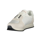 White Calvin Klein polyurethane men's sneaker with sleek design and lace-up closure, showcasing a modern casual footwear style.