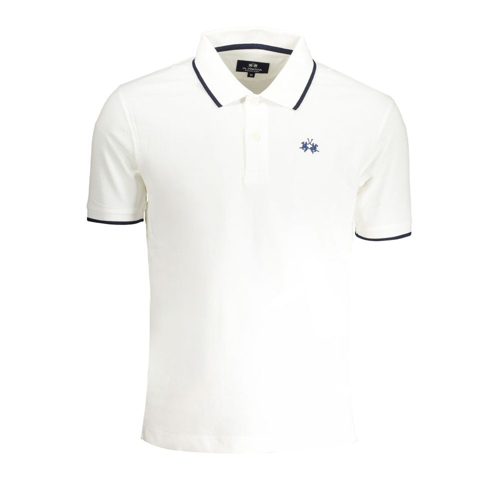 White cotton men's polo shirt by La Martina, featuring a classic collar and short sleeves, shown on a model.