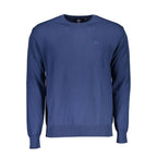 La Martina blue cotton men's sweater with a crew neck and ribbed cuffs, displayed on a hanger.