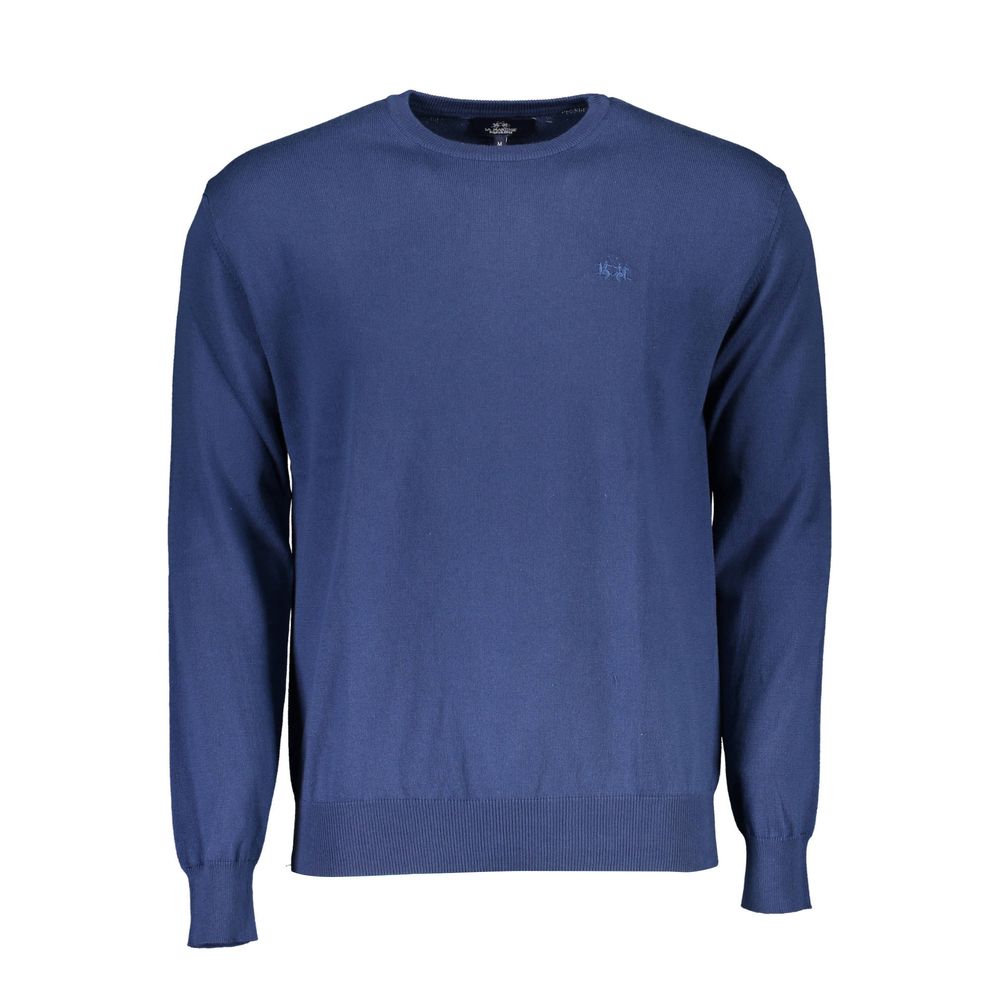 La Martina blue cotton men's sweater with a crew neck and ribbed cuffs, displayed on a hanger.
