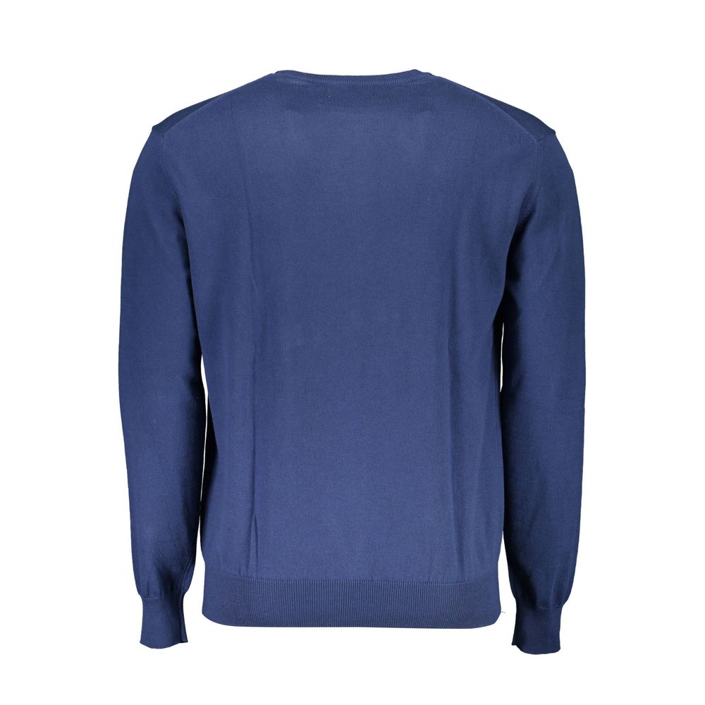 La Martina blue cotton men's sweater with ribbed cuffs and collar, featuring a classic fit and soft fabric for casual wear.