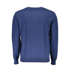 La Martina blue cotton men's sweater with ribbed cuffs and collar, featuring a classic fit and soft fabric for casual wear.