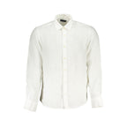 North Sails Bianco Lino men's shirt in white, featuring a classic fit and linen fabric, displayed on a hanger.