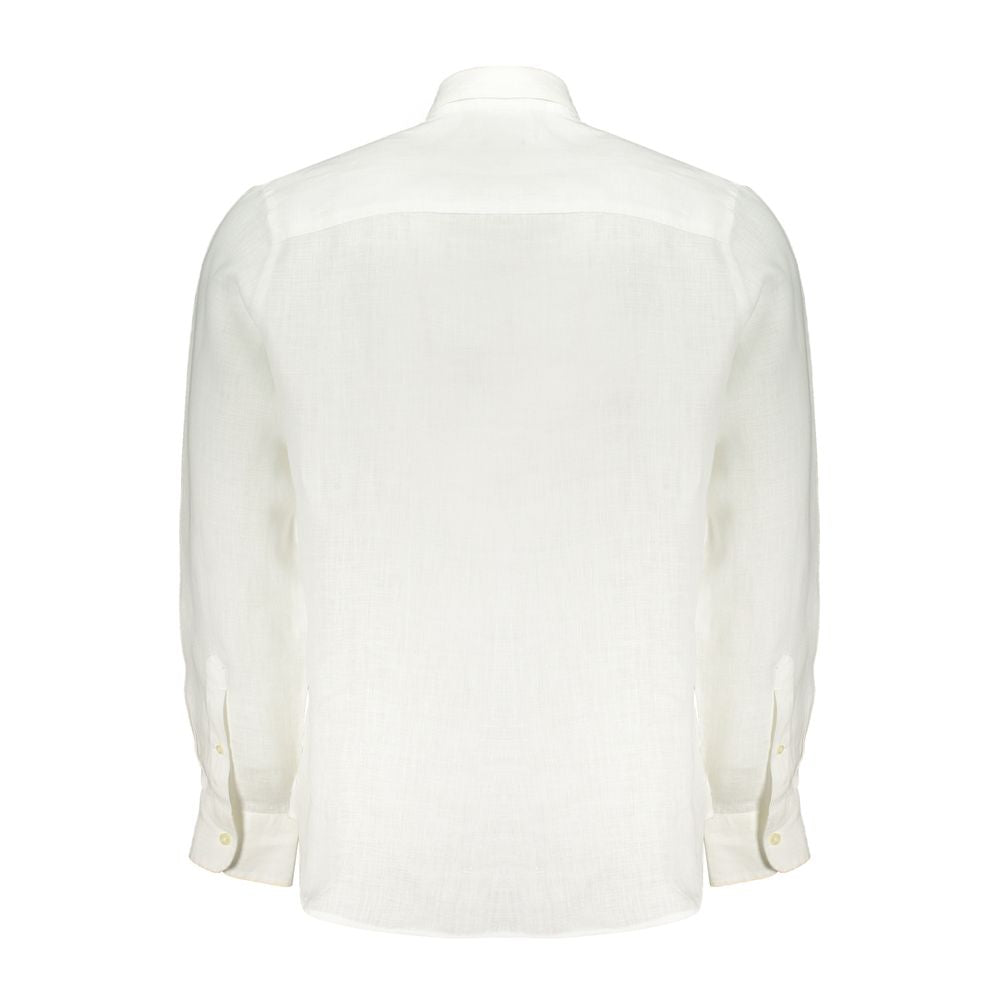 North Sails Bianco Lino men's shirt displayed on a hanger, featuring a lightweight white linen fabric and classic collar.