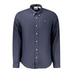 Timberland blue linen men's shirt displayed on a hanger, featuring a classic collar and button-down front.