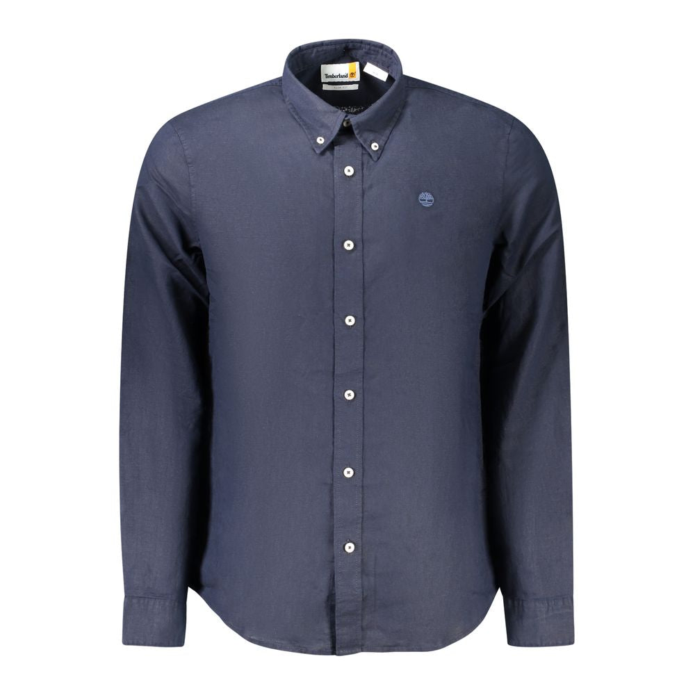 Timberland blue linen men's shirt displayed on a hanger, featuring a classic collar and button-down front.