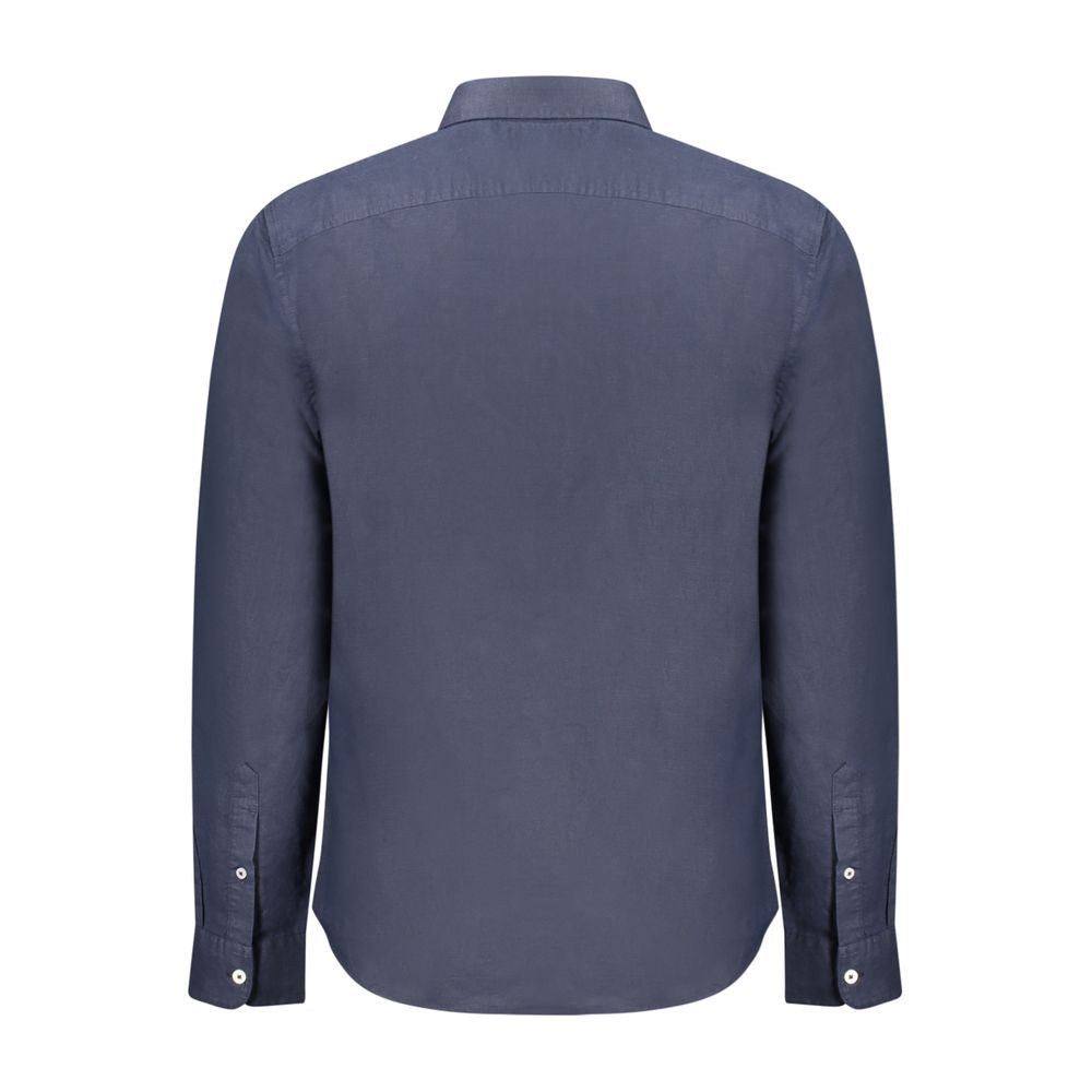 Timberland blue linen men's shirt displayed flat, showing front design, collar, and button details for casual summer style.