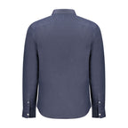 Timberland blue linen men's shirt displayed flat, showing front design, collar, and button details for casual summer style.