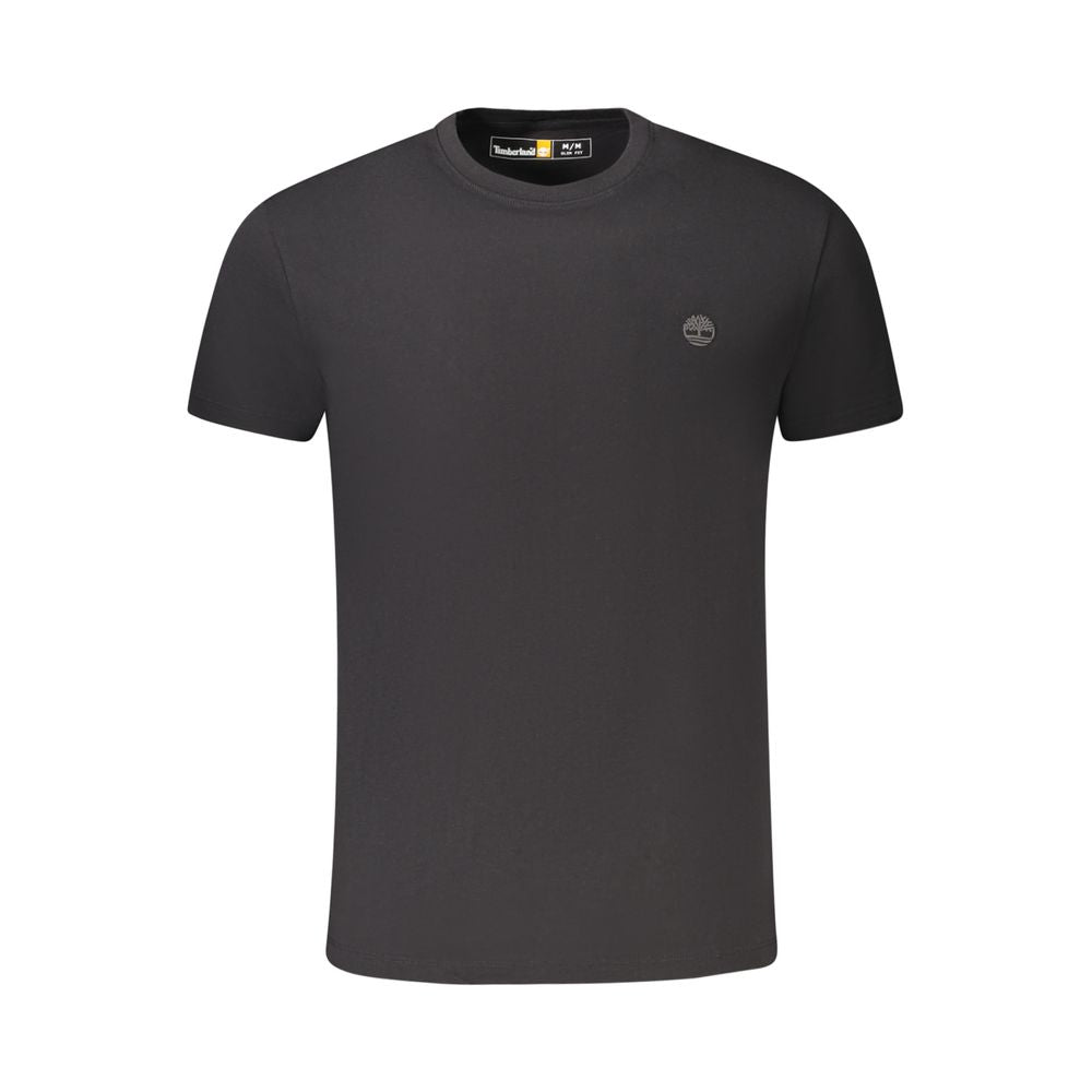 Black Timberland men's cotton T-shirt displayed flat, showcasing the classic crew neck and Timberland logo on the chest.