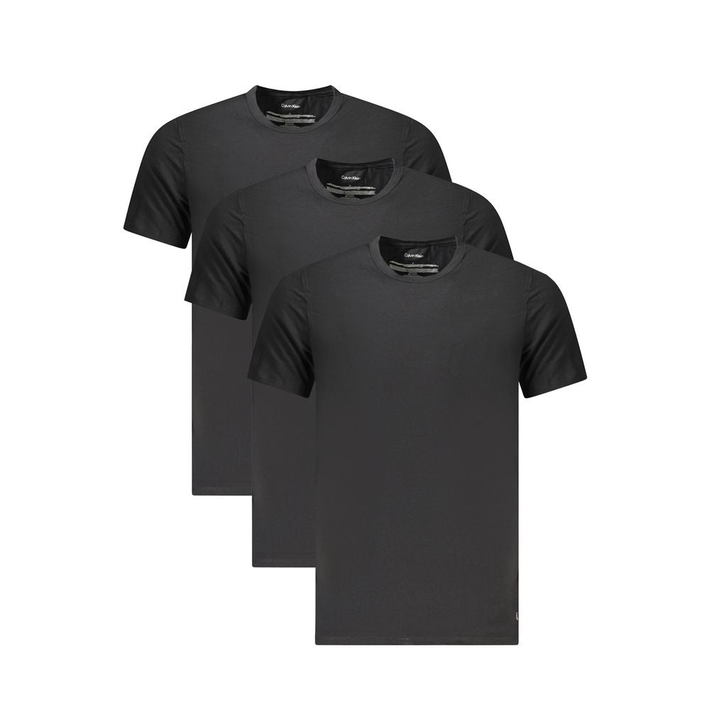 Black Calvin Klein men's cotton T-shirt displayed flat, showing the crew neck and short sleeves.