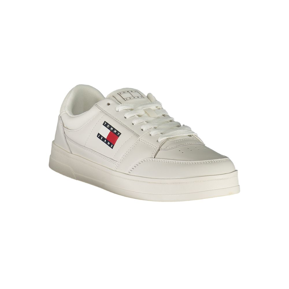 Tommy Hilfiger white leather men's sneaker with classic design and branding, featuring white laces and a rubber sole.