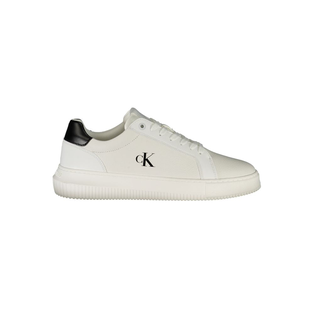 Calvin Klein Bianco polyurethane men's sneakers with white design and sporty style, front view showing laces and sleek silhouette.