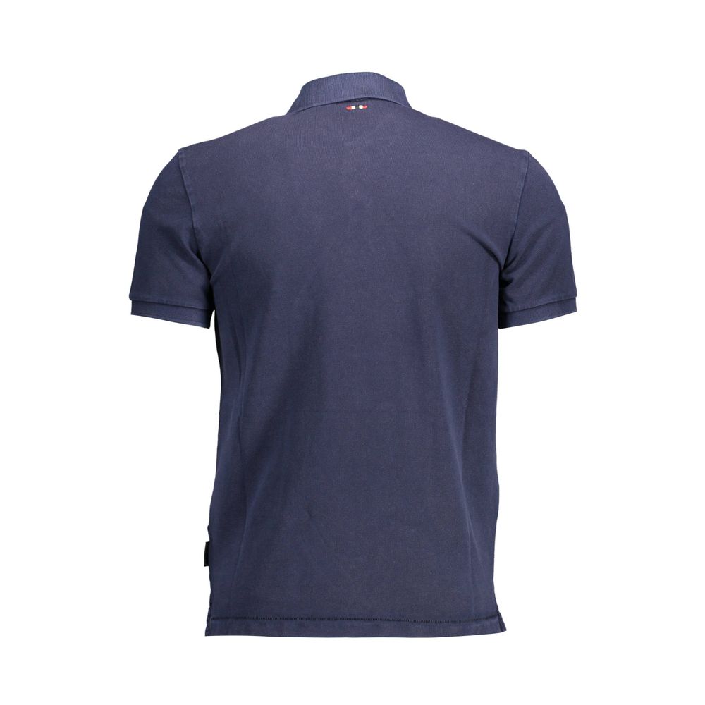 Blue cotton men's polo shirt by Napapijri displayed on a hanger, featuring a classic collar and short sleeves.