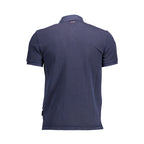 Blue cotton men's polo shirt by Napapijri displayed on a hanger, featuring a classic collar and short sleeves.