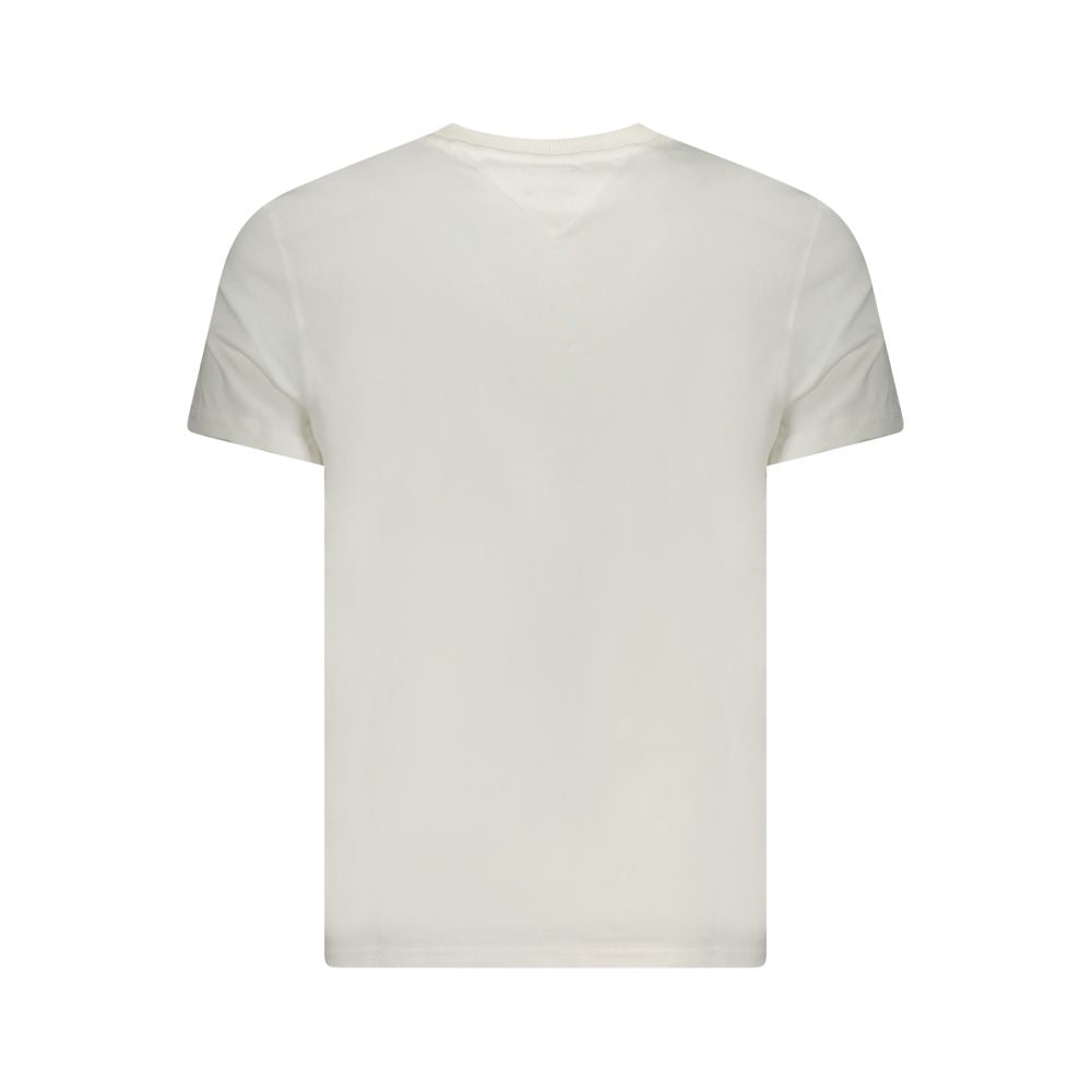 White cotton men's T-shirt by Tommy Hilfiger displayed on a plain background, featuring the classic logo and comfortable fit.