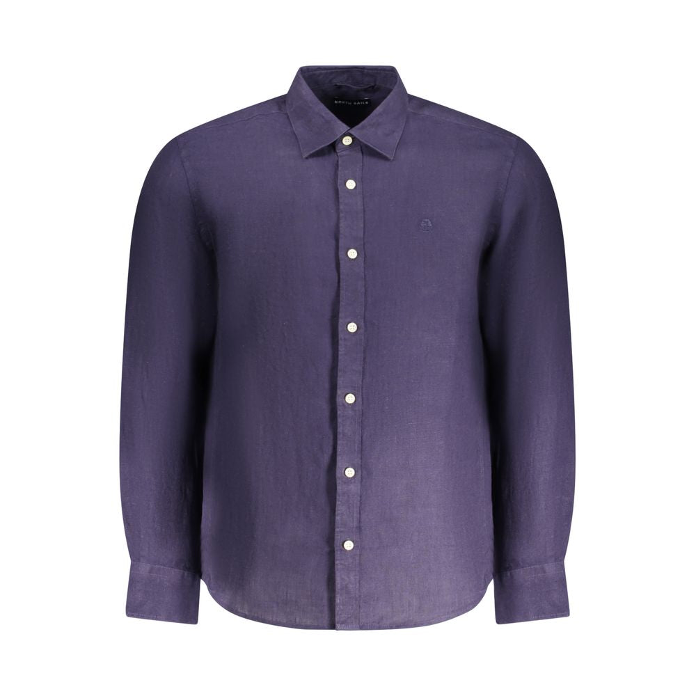 North Sails Blu Linen Men’s Shirt displayed on a hanger, showcasing a casual, lightweight summer shirt with a classic collar and button front.
