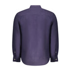 North Sails Blu Linen Men’s Shirt displayed on a hanger, featuring a casual fit with long sleeves and a classic collar.