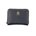 Tommy Hilfiger blue polyurethane women’s wallet with card slots and sleek design, featuring the brand logo.